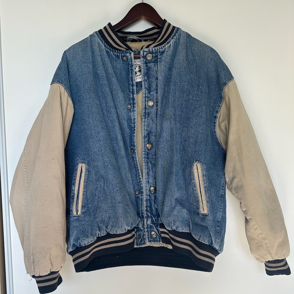 Denim Varsity Jacket with Beige Sleeves